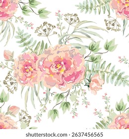 Pink peony flowers, green leaves, herbs, fern, white background. Floral illustration. Vector seamless pattern. Botanical design. Nature garden. Summer plants