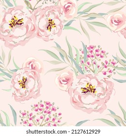 Pink peony flowers with leaves bouquets, light background. Floral illustration. Vector seamless pattern. Botanical design. Nature spring plants. Romantic wedding