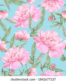 Pink peony flowers with leaves on a blue background. Romantic watercolor floral design for greeting cards, fabric print or wrapping paper.