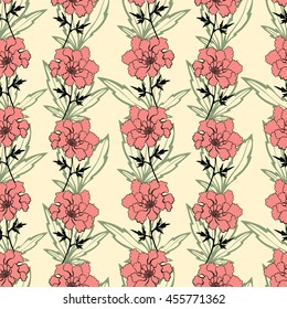 Pink peony flowers and leaves silhouette seamless pattern. Floral vector background.