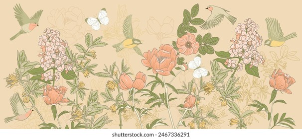 pink peony flowers, lilac, butterflies and robin birds, vector drawing floral composition, flowering garden , hand drawn natural illustration