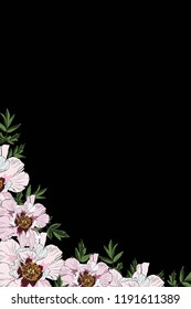 Pink Peony invitation frame vector spring summer floral printable card template. Bridal shower invitation floral wreath clipart. Black  background.