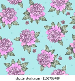 Pink peony and ladybug.Seamless pattern with beautiful realistic flowers on a light blue background.Vintage vector illustration for print, textile,fabric,wrapping paper,scrapbooking.