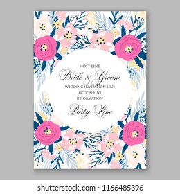 Pink peony lavender wedding invitation vector template