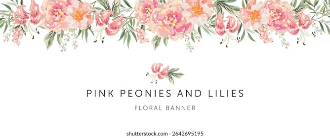Pink peony and lily flowers, currant berries, green leaves, white background. Banner template with text. Vector illustration. Floral arrangement. Summer border design 