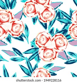 Pink Peony Marker Vector Seamless Pattern. Tulip Decorative Template. Red and Blue Beautiful Felt pen Background. Blossom Abstract Design.