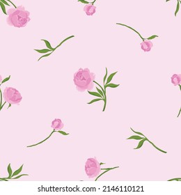 Pink Peony on Light Pink Background, Seamless Pattern, Vector