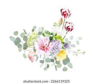 Pink peony, orchid, magnolia, red tulip, yellow rose, hellebores, green hydrangea, hyacinth, eucalyptus vector design easter bouquet. Spring wedding greenery and flowers. All elements are isolated