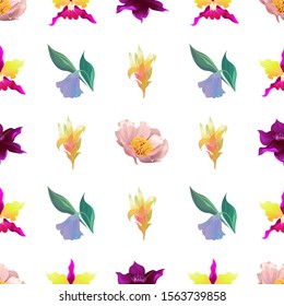 Pink Peony. Pink Orchid. Purple Clematis. Purple Bllflower. Yellow Guzmania. Vector illustration. Seamless background pattern. Floral botanical flower. Wild leaf wildflower isolated. Exotic tropical.