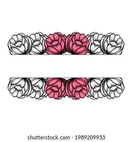 Pink peony outline bouquet with line sticker - copy space isolated on white background