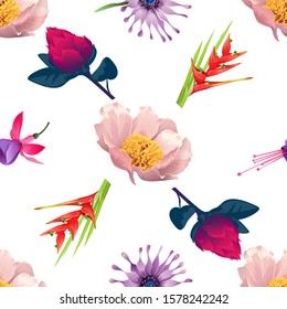 Pink Peony. Pink and Purple Fuchsia Bella. Purple Osteospermum Daisybush. Red Vriesea. Red Heliconia Bihai. Vector illustration. Seamless background pattern. Floral botanical flower. Wild leaf.