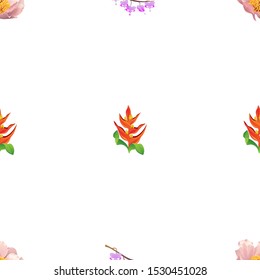 Pink Peony. Purple Komakusa. Orange Heliconia. Vector illustration. Seamless background pattern. Floral botanical flower. Wild leaf wildflower isolated. Exotic tropical hawaiian jungle. Fabric.