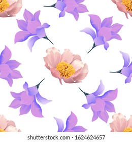 Pink Peony. Purple Magnolia. Vector illustration. Seamless background pattern. Floral botanical flower. Wild leaf wildflower isolated. Exotic tropical hawaiian jungle. Fabric wallpaper print texture.