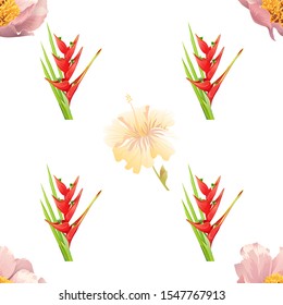 Pink Peony. Red Heliconia Bihai. Yellow hibiscus. Vector illustration. Seamless background pattern. Floral botanical flower. Wild leaf wildflower isolated. Exotic tropical hawaiian jungle. Fabric.