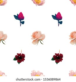 Pink Peony. Pink Rose. Red Vriesea. Red Rose Mallow. Vector illustration. Seamless background pattern. Floral botanical flower. Wild leaf wildflower isolated. Exotic tropical hawaiian jungle. Fabric.