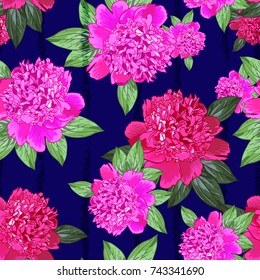 Pink peony. Seamless pattern with beautiful realistic flowers on a blue striped background.Vector.Print for textile,fabric,wrapping paper.