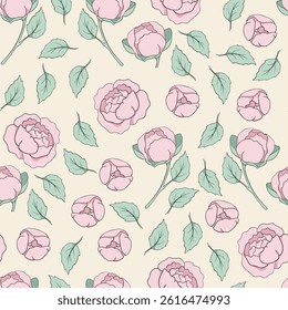 Pink Peony Seamless Pattern. Vector Rose Flower Coquette Seamless Pattern. Flowers and Leaves. Vintage Floral Background. Shabby chic Wallpaper. Millefleurs Liberty Style Design.