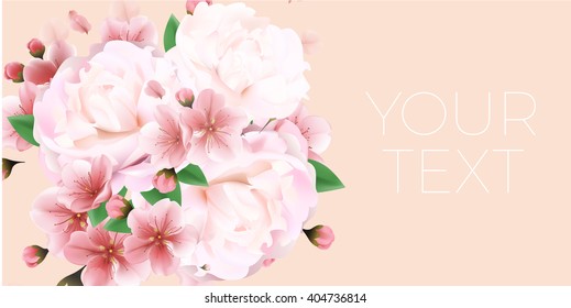 Pink peony soft macro panoramic template with copy space for your text. can be used as greeting card, invitation card for wedding, birthday and other holiday, spring and summer background