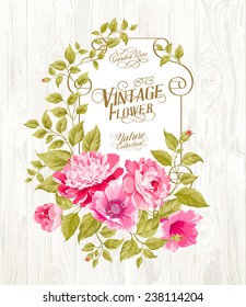 Pink peony with a vintage label over wooden texture. Vector illustration.