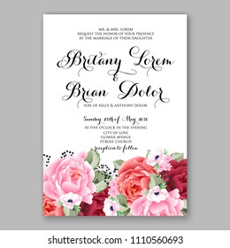 Pink Peony wedding invitation vector spring floral printable card template anemone eucalyptus hydrangea privet berry poppy in watercolor style Bridal shower invitation floral wreath clipart