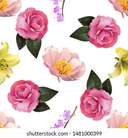 Pink Peony. Yellow Lilium. Purple Komakusa. Pink Balsam. Vector illustration. Seamless background pattern. Floral botanical flower. Wild leaf wildflower isolated. Exotic tropical hawaiian jungle.