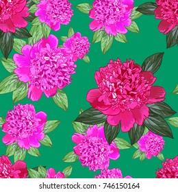 Pink peony.Bright Seamless pattern with beautiful realistic flowers on a green background.Green leaves.Vector illustration.Can be used for print  textile,fabric,wrapping paper,scrapbooking.