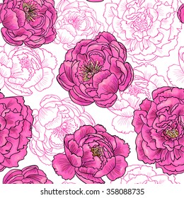 Pink peonyon a white background. Vector seamless pattern