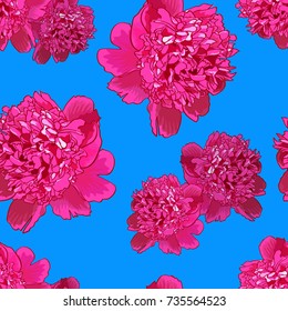 Pink peony.Seamless pattern with beautiful realistic flowers on a blue background.Can be used for print  textile,fabric,wrapping paper.