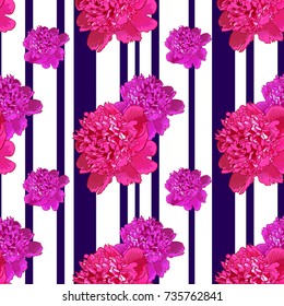 Pink peony.Seamless pattern with beautiful realistic flowers on a white striped background.Can be used for print  textile,fabric,wrapping paper.