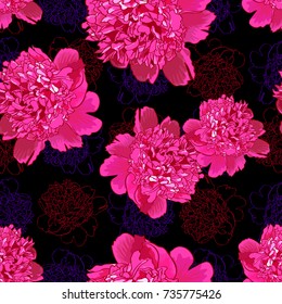 Pink peony.Seamless pattern with beautiful realistic flowers on a black background.Can be used for print  textile,fabric,wrapping paper.