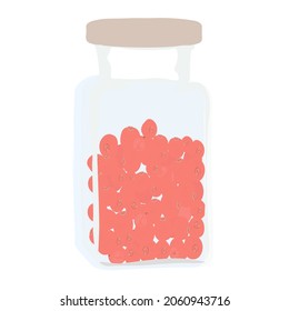 Pink pepper vector stock illustration. Balls of red spice. Seasoning in a glass jar for the kitchen. Isolated on a white background.