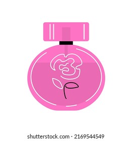 Pink perfume bottle for women. Floral fragrance. Romantic rose scent. Female fashion and beauty. Vector isolated illustration on white background