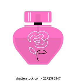 Pink perfume bottle for women. Floral fragrance. Romantic rose scent. Female fashion and beauty. Flat vector illustration isolated on white background