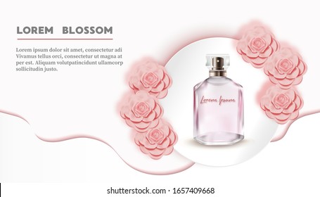 Pink Perfume with copper spray in peach rose. White wave and circle background-Flower Paper Cut Banner-Vector Illustration