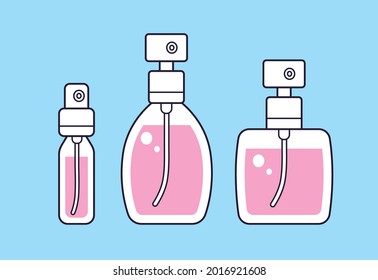 Pink perfume fragrance spray bottles and small sample tester isolated cartoon vector set