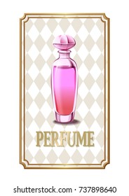 Pink perfume with gold frame on diamond graphic pattern background, Vector