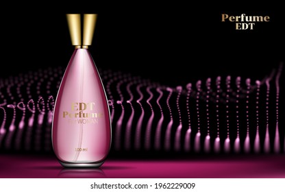 Pink perfume in golden spray clear glass bottle realistic advertisement poster with black pinc background vector illustration.
