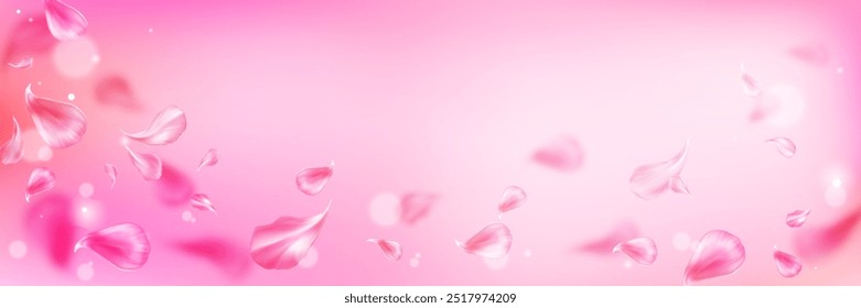 Fundo de primavera rosa pétala spa. Flor de rosa e caindo. Padrão de casamento de beleza floral abstrato no banner. Valentine delicado design japonês com efeito de vento e folha voadora. Dia das mães bg