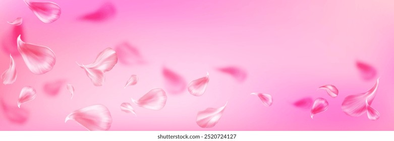 Fondo de primavera de spa de pétalos rosados. Flor de rosa florece y cae. Patrón floral Abstractas de la boda de la belleza en el Anuncio. Diseño japonés delicado de San Valentín con efecto viento y hoja voladora. Día de la madre bg