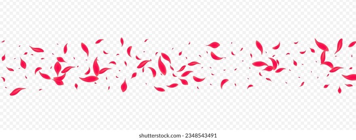 Pink Petal Vector Transparent Panoramic Background. Japanese Flower Backdrop. Red Cherry Blur Wallpaper. Beautiful Flying Peach Illustration.