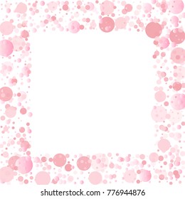 pink petals confetti frame or border, light gentle square background with pink glitter dots, romantic women spring frame