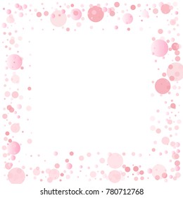pink petals confetti frame or border, light gentle square background with pink glitter dots, romantic women spring frame