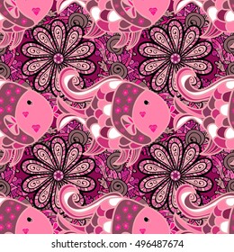Pink petals flowers seamless background. Vector illustration. Fishes.