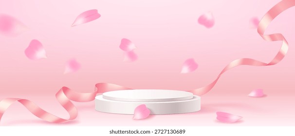 Pétalas rosa graciosamente caem em torno de um pedestal de exibição branco em um fundo de gradiente suave. A cena exala elegância e romance, perfeito para uma apresentação.