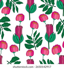 pétalas cor-de-rosa com botões de rosa padrão sem costura. rosa rosas fechadas com botões e folhas padrão sem costura. É bom para o tecido, têxtil, decoração, embalagem, imprimível e muito mais.