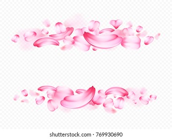 Pink petals of sakura or rose isolated on transparent background. Floral realistic detailed composition in the form of frame. Romantic vector 3d illustration. Decoration for Valentine s Day , March 8.