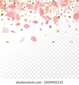 Pétalos rosados de Sakura. Plantilla de Boda con pétalos de flores. Gráficos de Vector de verano. Naturaleza Elementos 3D realistas. Anuncio japonés SPA. Remolino floral creativo de la rosa. Flores De Cerezo Voladoras.