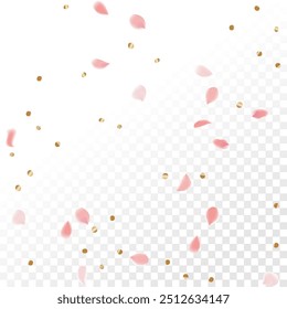 Pétalos rosados de Sakura. Plantilla de Boda con pétalos de flores. Gráficos de Vector de verano. Naturaleza Elementos 3D realistas. Anuncio japonés SPA. Remolino floral creativo de la rosa. Flores De Cerezo Voladoras.  