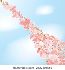 Pétalos rosados de Sakura. Plantilla de Boda con pétalos de flores. Gráficos de Vector de verano. Naturaleza Elementos 3D realistas. Anuncio japonés SPA. Remolino floral creativo de la rosa. Flores De Cerezo Voladoras.  