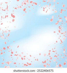 Pétalos rosados de Sakura. Plantilla de Boda con pétalos de flores. Gráficos de Vector de verano. Naturaleza Elementos 3D realistas. Anuncio japonés SPA. Remolino floral creativo de la rosa. Flores De Cerezo Voladoras.  